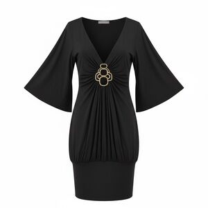 VTG‎ Jagger Black Dress Gold/Onxy Glass Embellish Belle Sleeve Bodycon Club Wear